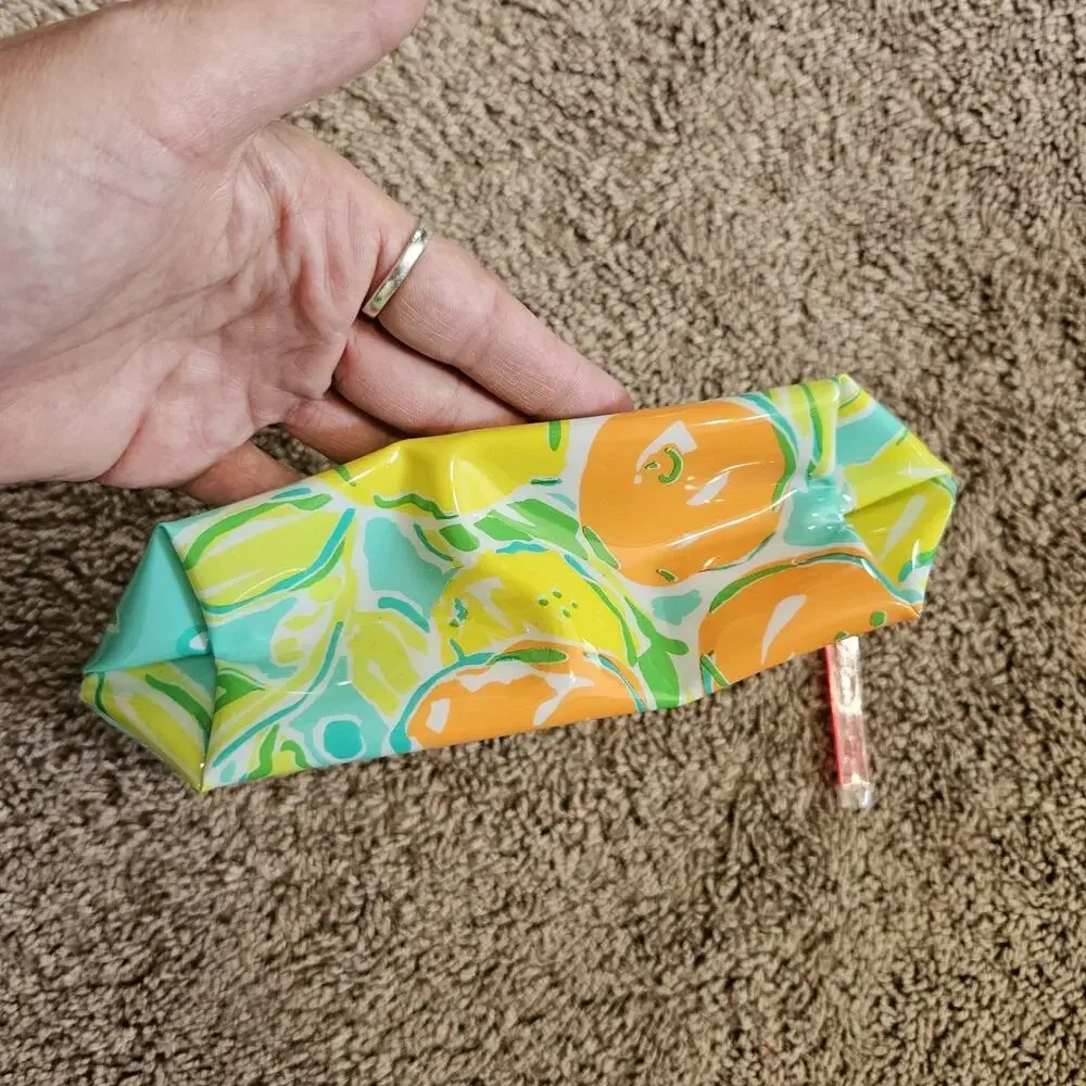 Lilly Pulitzer Orange Print Estee Lauder PVC Cosmetic Makeup Bag Green Pink
